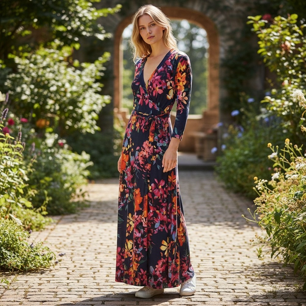 Venus Womens 3X Tropical Floral Wrap Maxi Dress Navy Blue 3/4 Sleeve Tie Waist